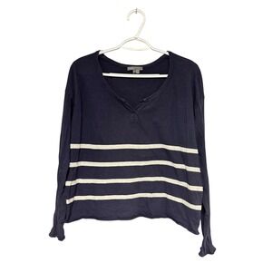 Vince Navy Blue Grey Striped Cotton Long Sleeve Split V-Neck Top Womens Medium